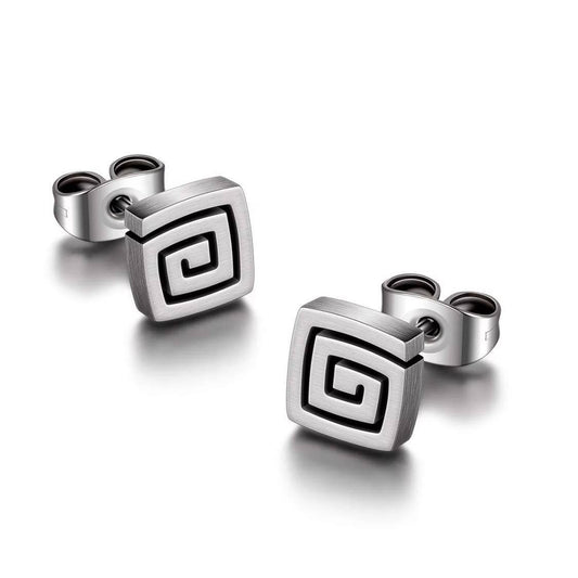 A pair of square spiral stud earrings made of pure titanium, displayed against a white background.