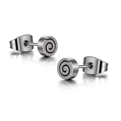A pair of silver-colored titanium round spiral stud earrings with a simple and modern design, displayed on a white background.