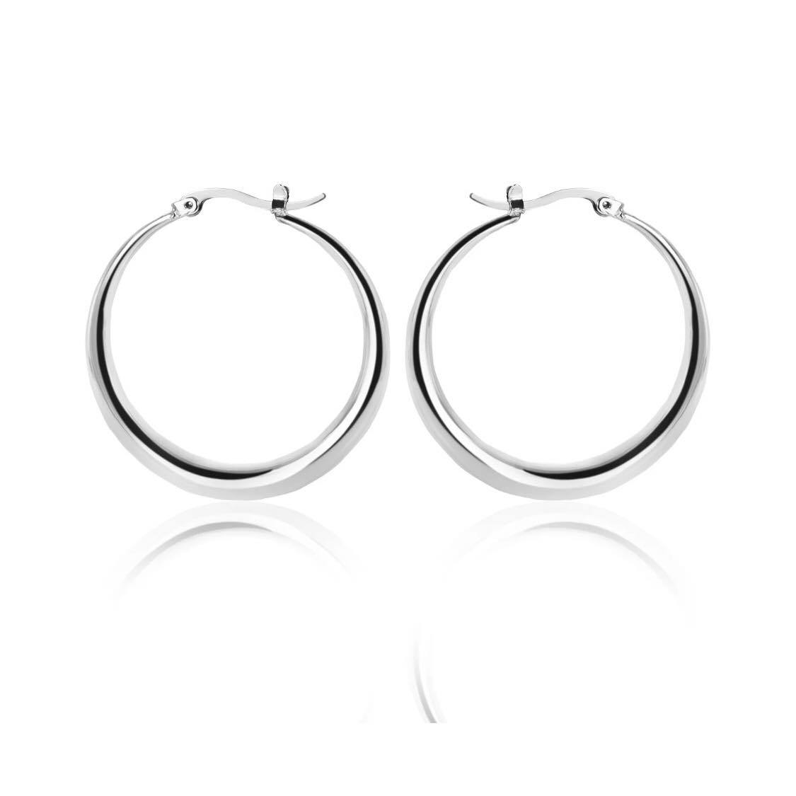 A pair of silver hoop stud earrings with a pure titanium clasp closure.