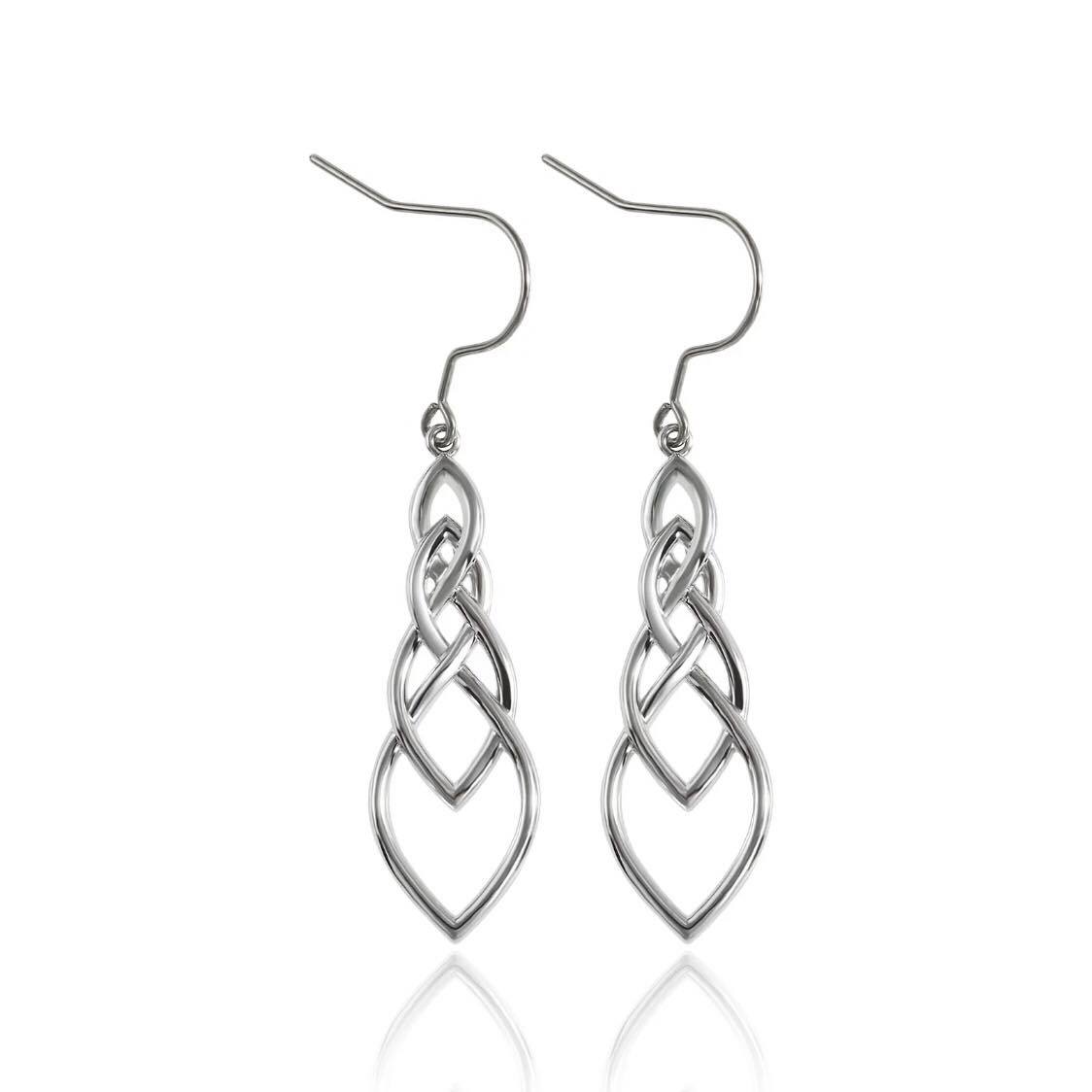 A pair of white gold plated copper dangle earrings with a Celtic good luck knot design.