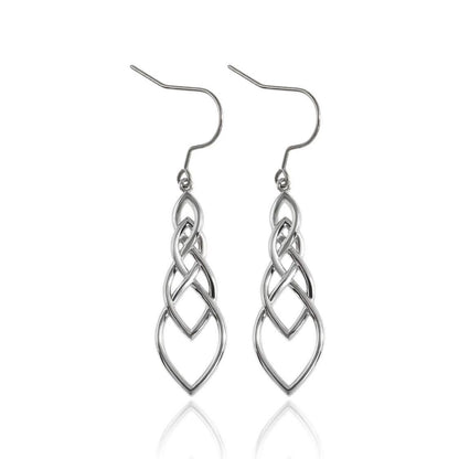 A pair of white gold plated copper dangle earrings with a Celtic good luck knot design.