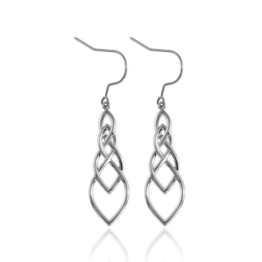 A pair of white gold plated copper dangle earrings with a Celtic good luck knot design.