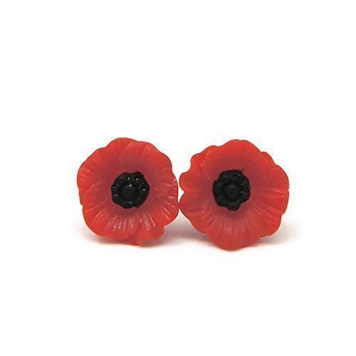 Plastic Post Earrings Metal Free Red and Black Flower, 12mm or 19mm