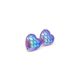 Plastic Post or Invisible Clip On Heart Shaped Mermaid Scale Earrings 12mm
