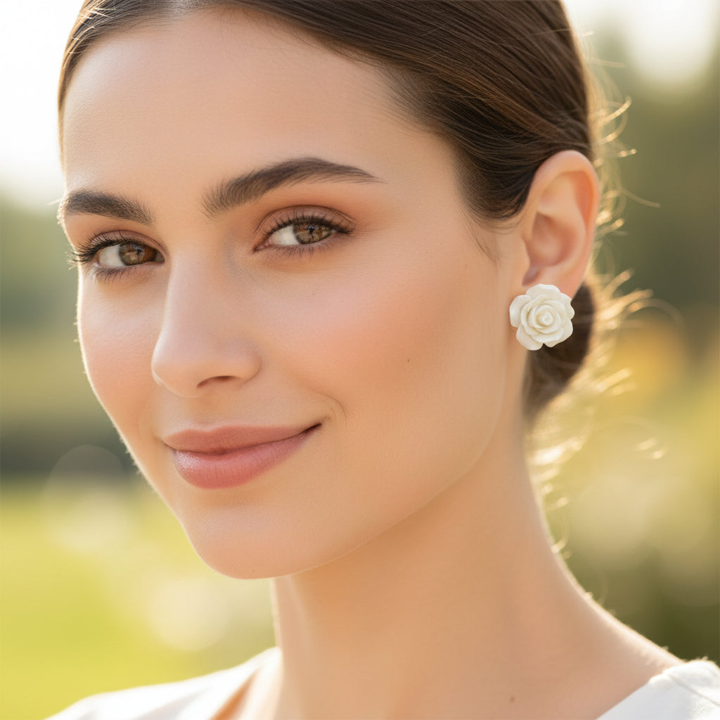 Large 20mm White Rose stud earrings on metal free plastic posts
