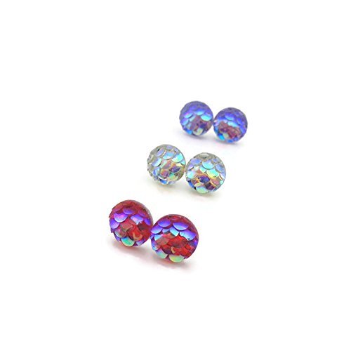 A set of mermaid scale stud earrings in multicolor, with options shown in different post styles.