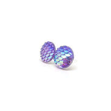 Plastic Posts or Invisible Clip On Round Mermaid Scale Earrings, 12mm