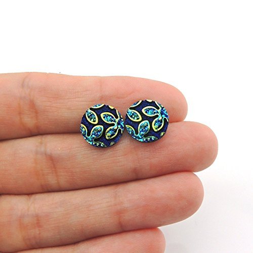 blue floral design, plastic post earrings