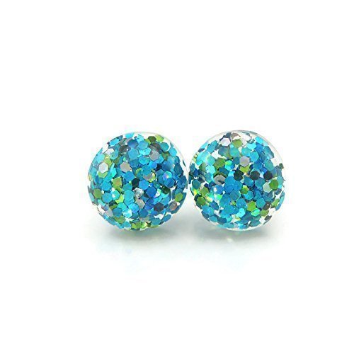 A pair of blue resin stud earrings filled with glitter, designed for pierced ears.