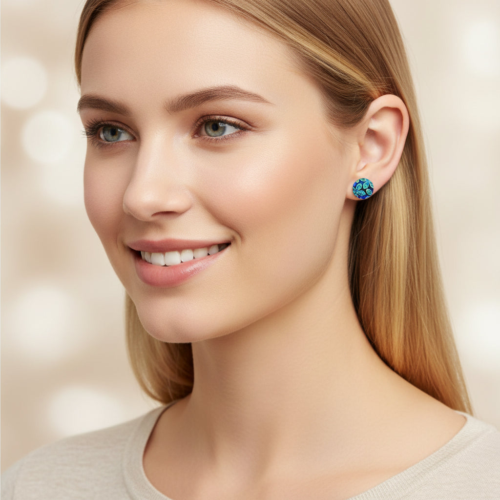 blue floral design, plastic post earrings