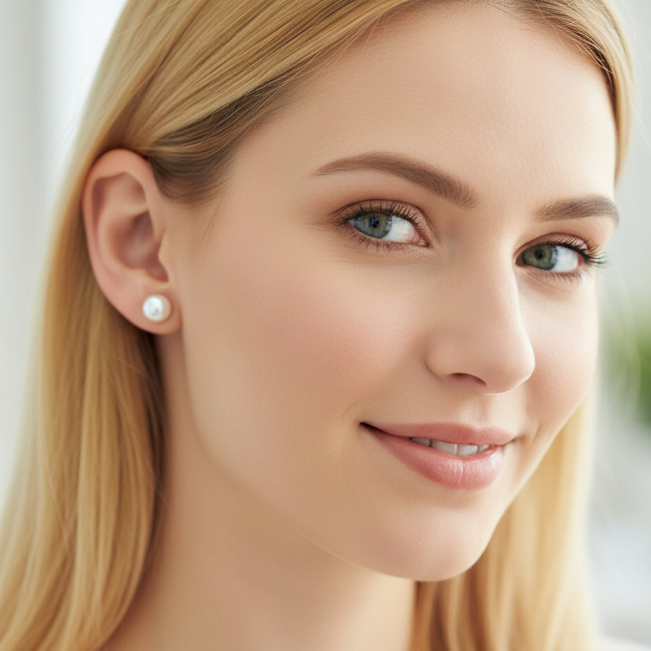 A pair of white, button-style freshwater pearl stud earrings displayed against a soft, floral background.