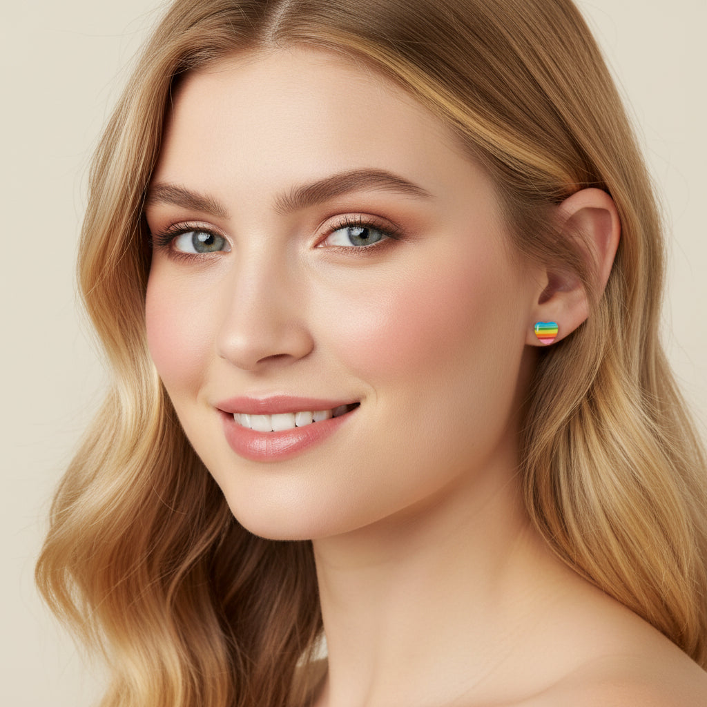 Rainbow Stripe Heart Stud Earrings