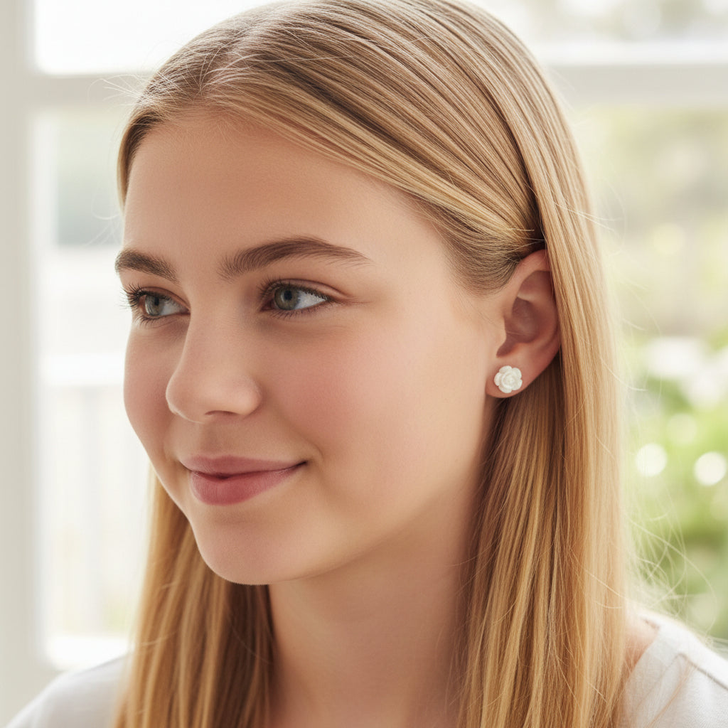 Flower Girl bridal party 10mm white rose stud earrings