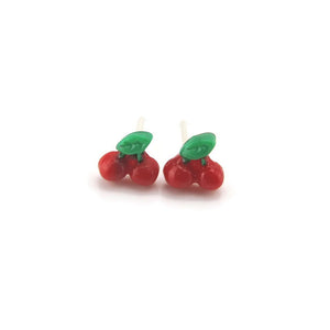 Plastic Post or Invisible Clip On Metal Free Tiny Cherry Earrings, 5mm