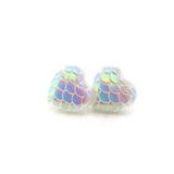 Plastic Post or Invisible Clip On Heart Shaped Mermaid Scale Earrings 12mm