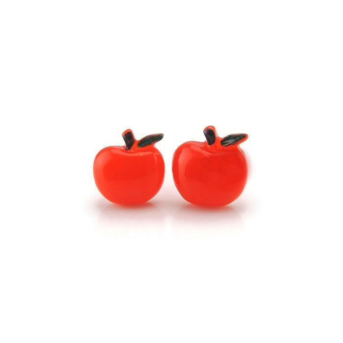 A pair of red apple-shaped stud earrings made from resin, displayed against a white background.