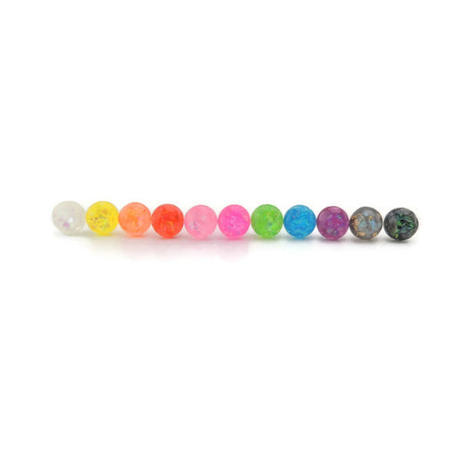 A series of round iridescent cabochon earrings in various colors displayed in a line.
