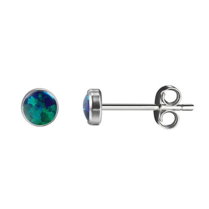 A pair of round opal stud earrings set in a titanium bezel, presented against a white background.
