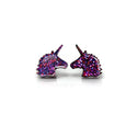 A pair of purple glitter unicorn stud earrings on a white background.