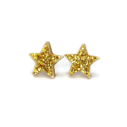 A pair of gold glitter star-shaped stud earrings.