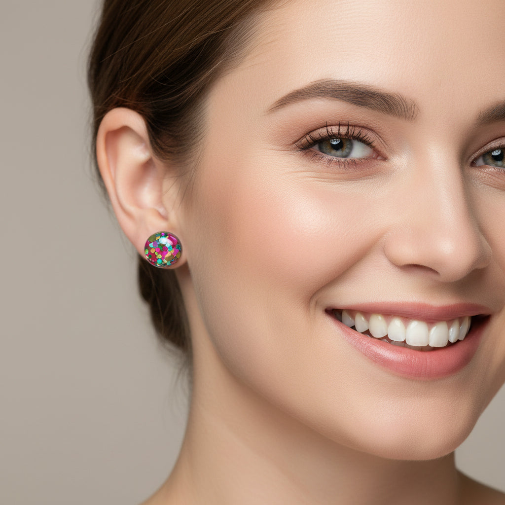 model wearing 12mm mixed glitter earrings