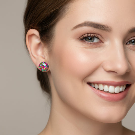 model wearing 12mm mixed glitter earrings
