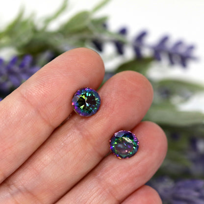 Boucles d'oreilles à tiges en plastique ou à clips invisibles en zircone cubique multicolore, 6 mm ou 8 mm