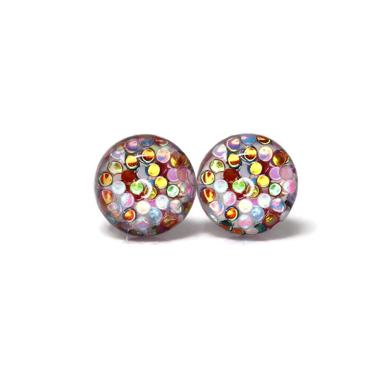 A pair of multicolored glitter-filled resin stud earrings with a dome shape, displayed against a white background.