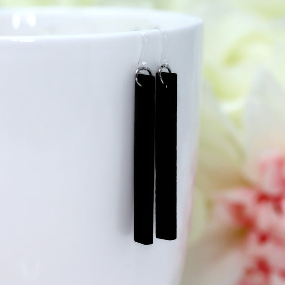 Invisible Clip On or Plastic Post Dangle Earrings, Dainty Wood Bar, 50mm