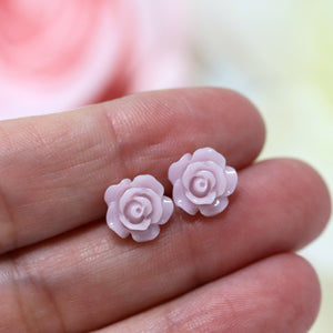 Plastic Posts or Invisible Clip Ons Metal Free Antique Mauve Rose Floral Earrings, 10mm, 15mm