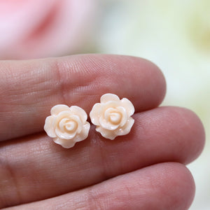 Plastic Posts or Invisible Clip Ons Metal Free Blush Rose Floral Earrings, 10mm, 15mm
