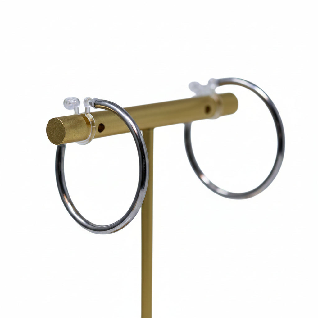 Hoop Earrings Invisible Clip On or Plastic Posts, 30mm