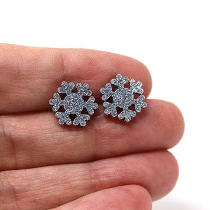 Plastic Post or Invisible Clip On, Glitter Snowflake Earrings