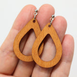 Invisible Clip On or Plastic Post Dangle Earrings, Wood Open Teardrop, 50mm
