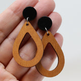 Invisible Clip On or Plastic Post Dangle Earrings, Wood Open Teardrop, 50mm