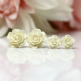 Plastic Posts or Invisible Clip Ons Metal Free Winter White Rose Floral Earrings, 10mm, 15mm