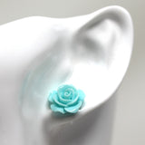 Plastic Posts or Invisible Clip Ons Metal Free Aqua Rose Floral Earrings, 10mm, 15mm