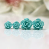 Plastic Posts or Invisible Clip Ons Metal Free Aqua Rose Floral Earrings, 10mm, 15mm