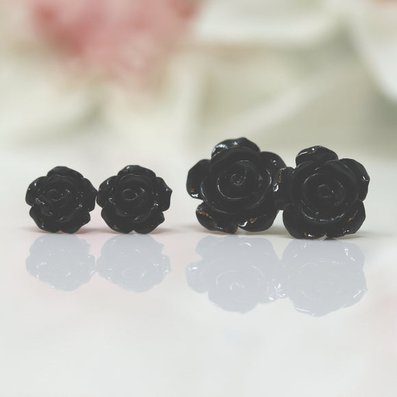 Plastic Posts or Invisible Clip Ons Metal Free Black Rose Floral Earrings, 10mm, 15mm