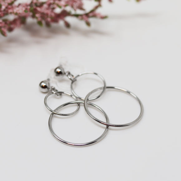 Dangle Earrings Double Circle Invisible Clip On or Plastic Hook