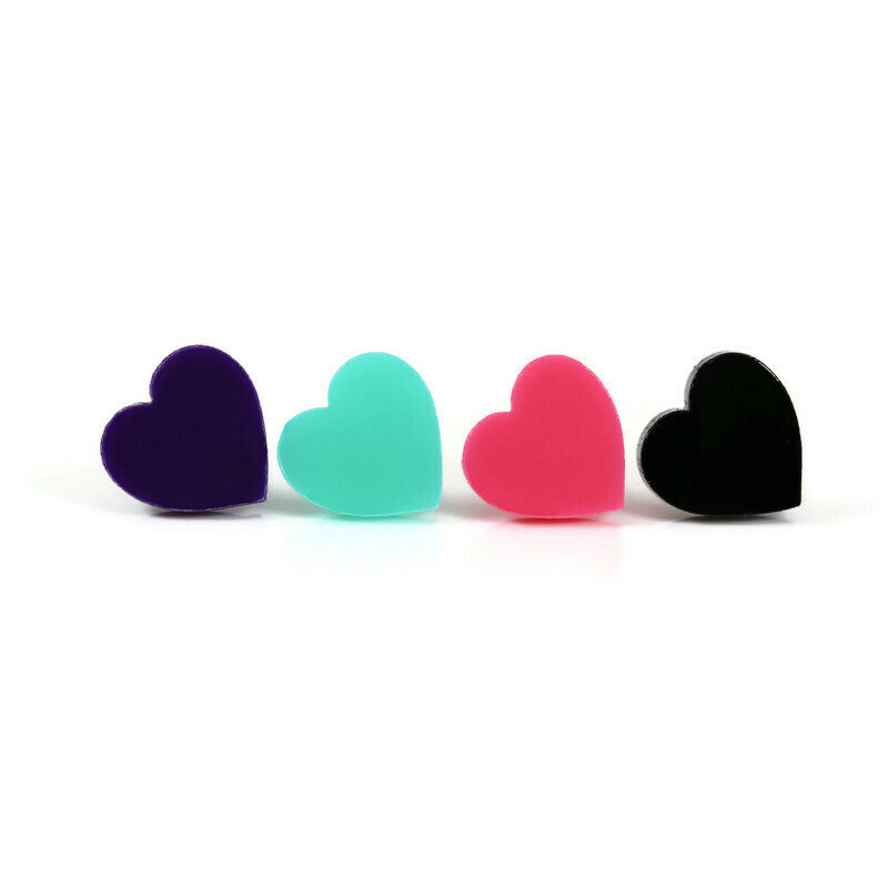 A set of four acrylic heart-shaped stud earrings in purple, green, pink, and black colors, displayed from left to right in a line against a white background.