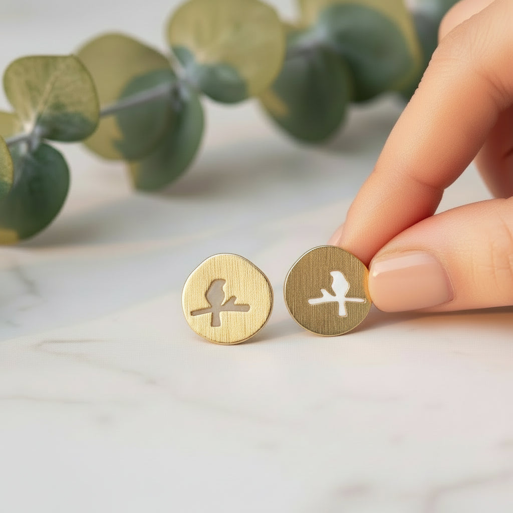 Stud Look Earrings Lovebird, Bird on Branch