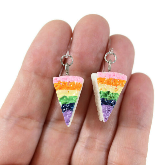 Dangle Earrings, Invisible Clip On or Plastic Hooks Rainbow Cake