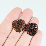 Invisible Clip On or Titanium or Plastic Hook Dangle Earrings, Metal Dainty Monstera Leaf