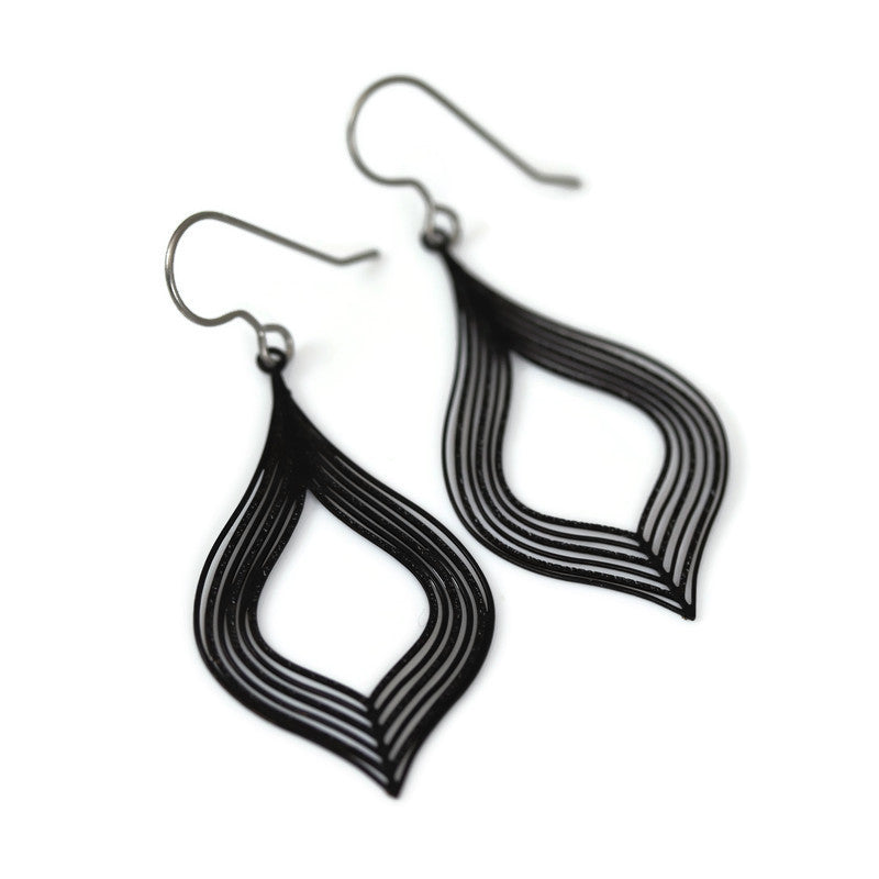 A pair of black metal teardrop dangle earrings with a plastic hook.