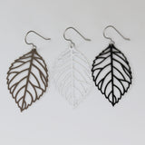 Invisible Clip On or Titanium or Plastic Hook Dangle Earrings, Metal Leaf Cut Out, 58mm