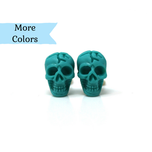 Plastic Post or Invisible Clip On Metal Free Skull Earrings