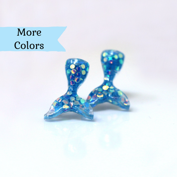 Plastic Post or Invisible Clip On Mermaid Tail Earrings, Metal Free 11mm