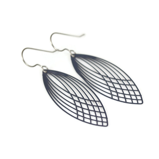 A pair of marquise-shaped dangle earrings with a metallic (potentially brass) finish in a dark teal color.