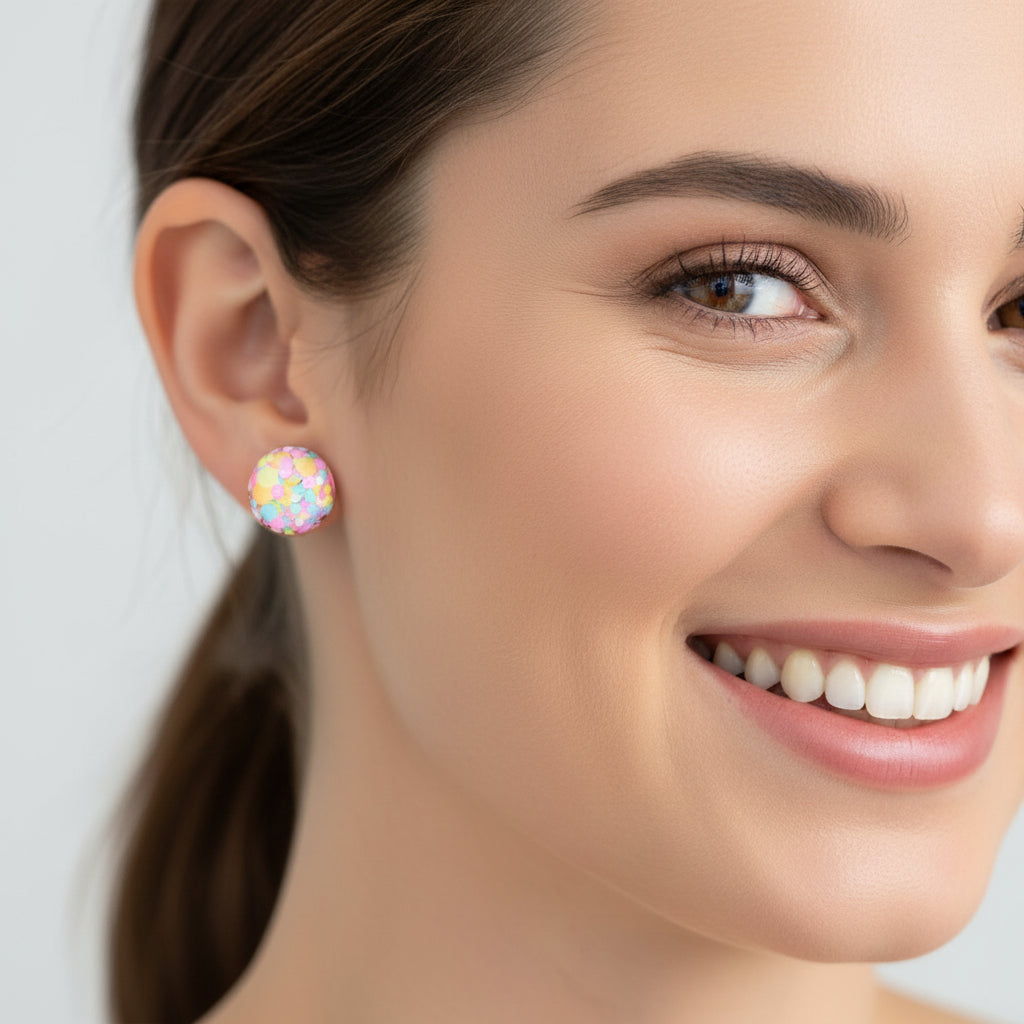 model wearing pastel mixed glitter studs
